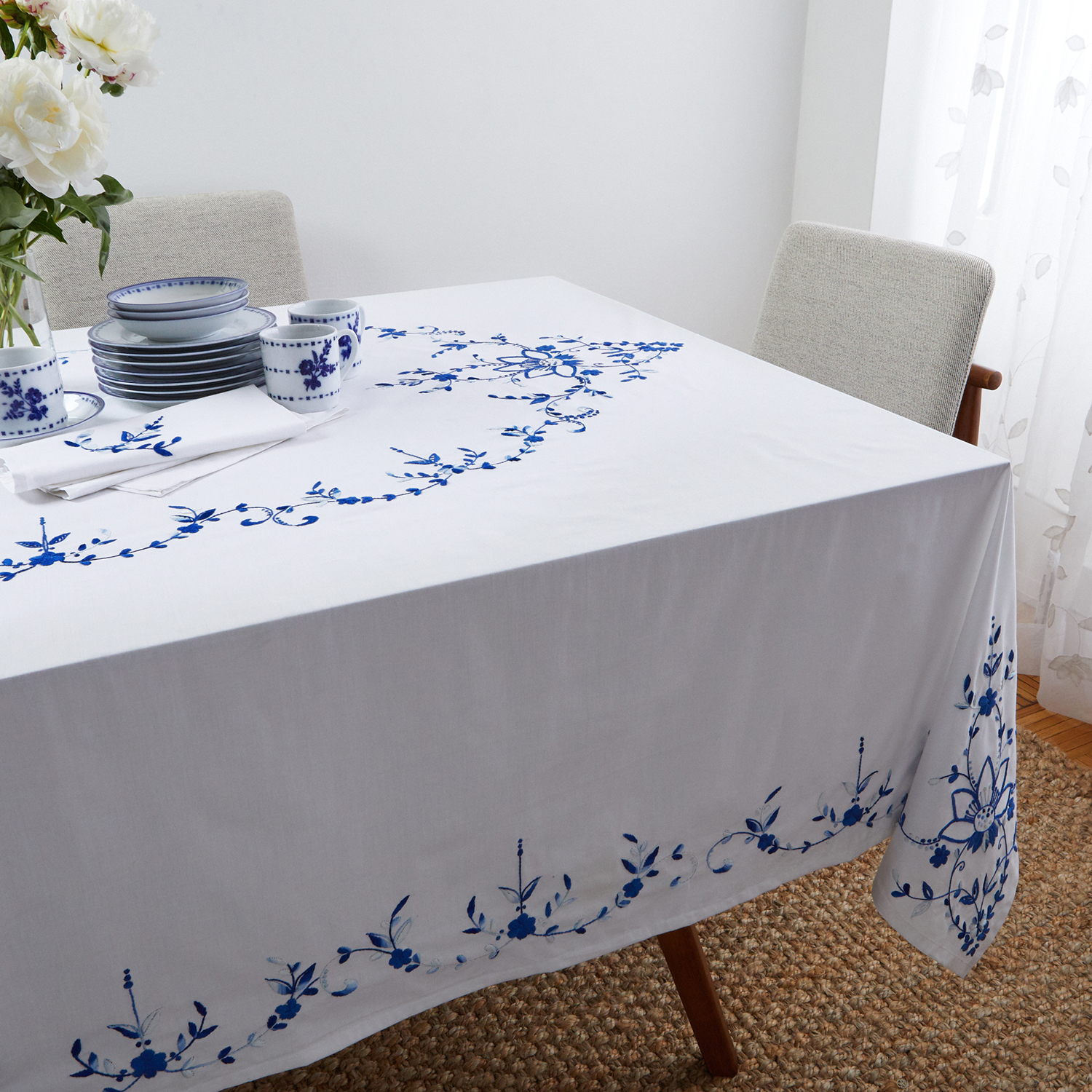 Blue and White Floral Tablecloth Florentina Hand Embroidery